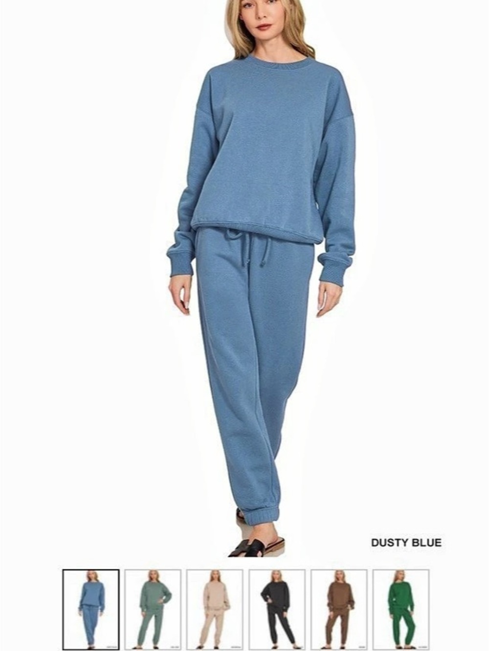 Zenana Fleece Long Sleeve Pullover Jogger Sweatpants Dusty Blue